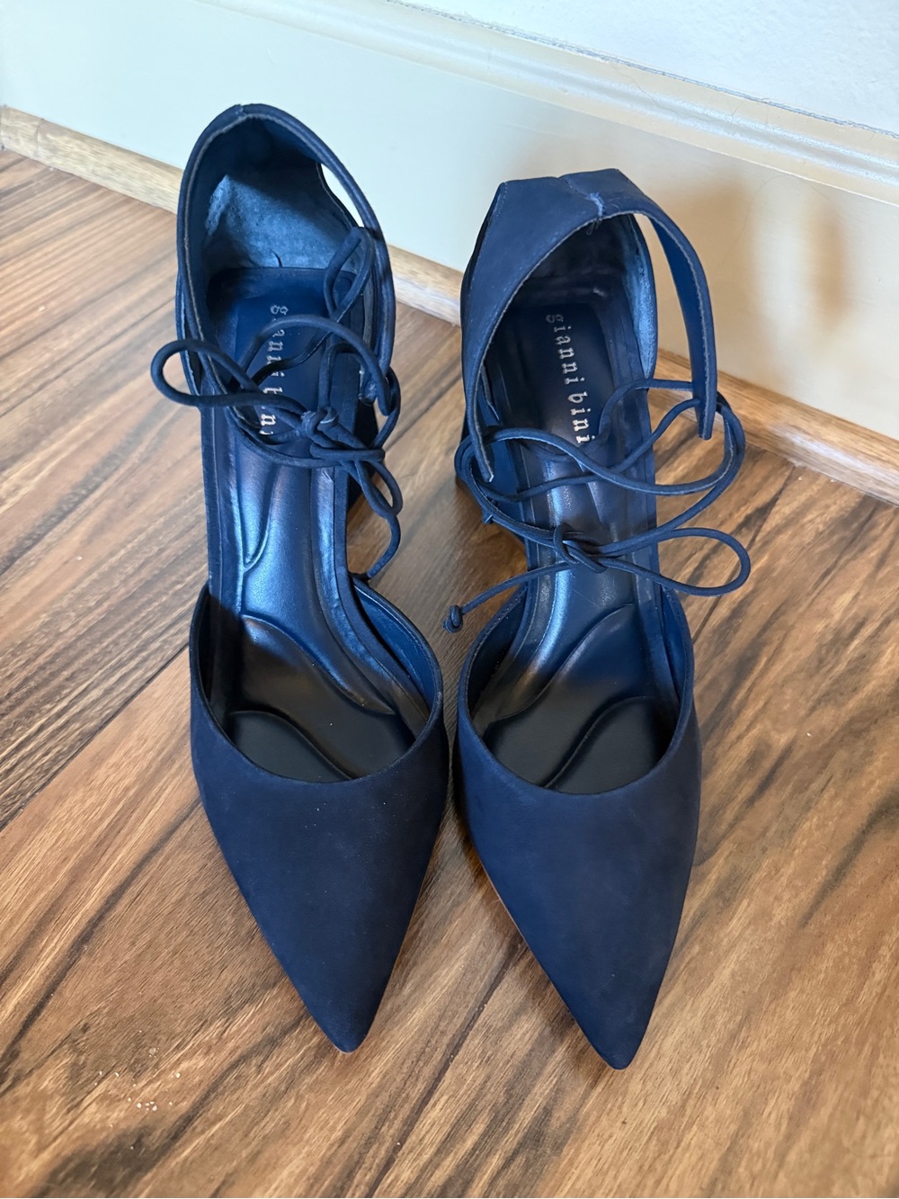 Gianni Bini Navy Pointed-Toe Lace-Up Heels